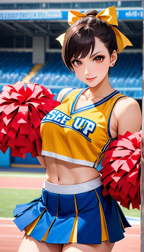 ((cheerleader, clothes writing, crop top, sleeveless shirt, midriff, miniskirt, pleated skirt, holding pom poms:1.2)),score_9, score_8_up, score_7_up, break, score_9, 1girl, Chun-Li,street fighter, black hair, brown eyes, short hair, breasts, looking at viewer, sexy pose, cowboy shot,eyelashes,アメリカンフットボールスタジアム