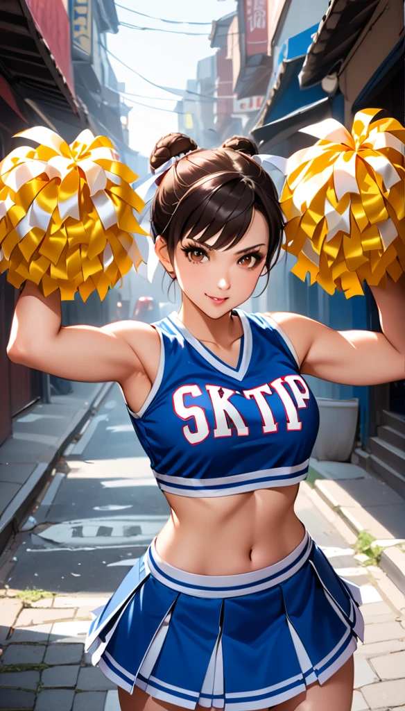 ((cheerleader, clothes writing, crop top, sleeveless shirt, midriff, miniskirt, pleated skirt, holding pom poms:1.2)),score_9, score_8_up, score_7_up, break, score_9, 1girl, Chun-Li,street fighter, black hair, brown eyes, short hair, breasts, looking at viewer, sexy pose, cowboy shot,eyelashes,アメリカンフットボールスタジアム