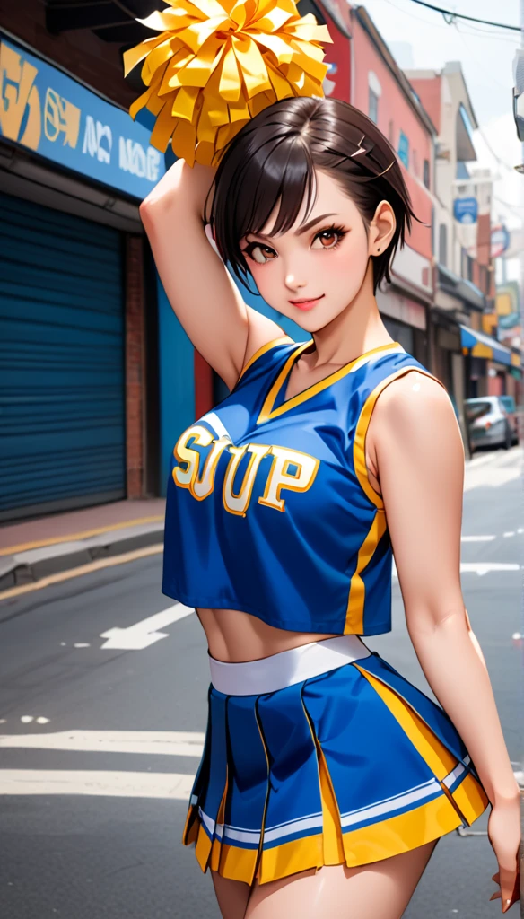 ((cheerleader, clothes writing, crop top, sleeveless shirt, midriff, miniskirt, pleated skirt, holding pom poms:1.2)),score_9, score_8_up, score_7_up, break, score_9, 1girl, Chun-Li,street fighter, black hair, brown eyes, short hair, breasts, looking at viewer, sexy pose, cowboy shot,eyelashes,アメリカンフットボールスタジアム