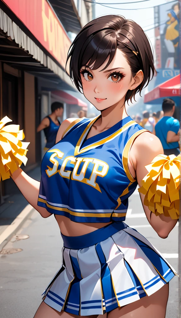 ((cheerleader, clothes writing, crop top, sleeveless shirt, midriff, miniskirt, pleated skirt, holding pom poms:1.2)),score_9, score_8_up, score_7_up, break, score_9, 1girl, Chun-Li,street fighter, black hair, brown eyes, short hair, breasts, looking at viewer, sexy pose, cowboy shot,eyelashes,アメリカンフットボールスタジアム