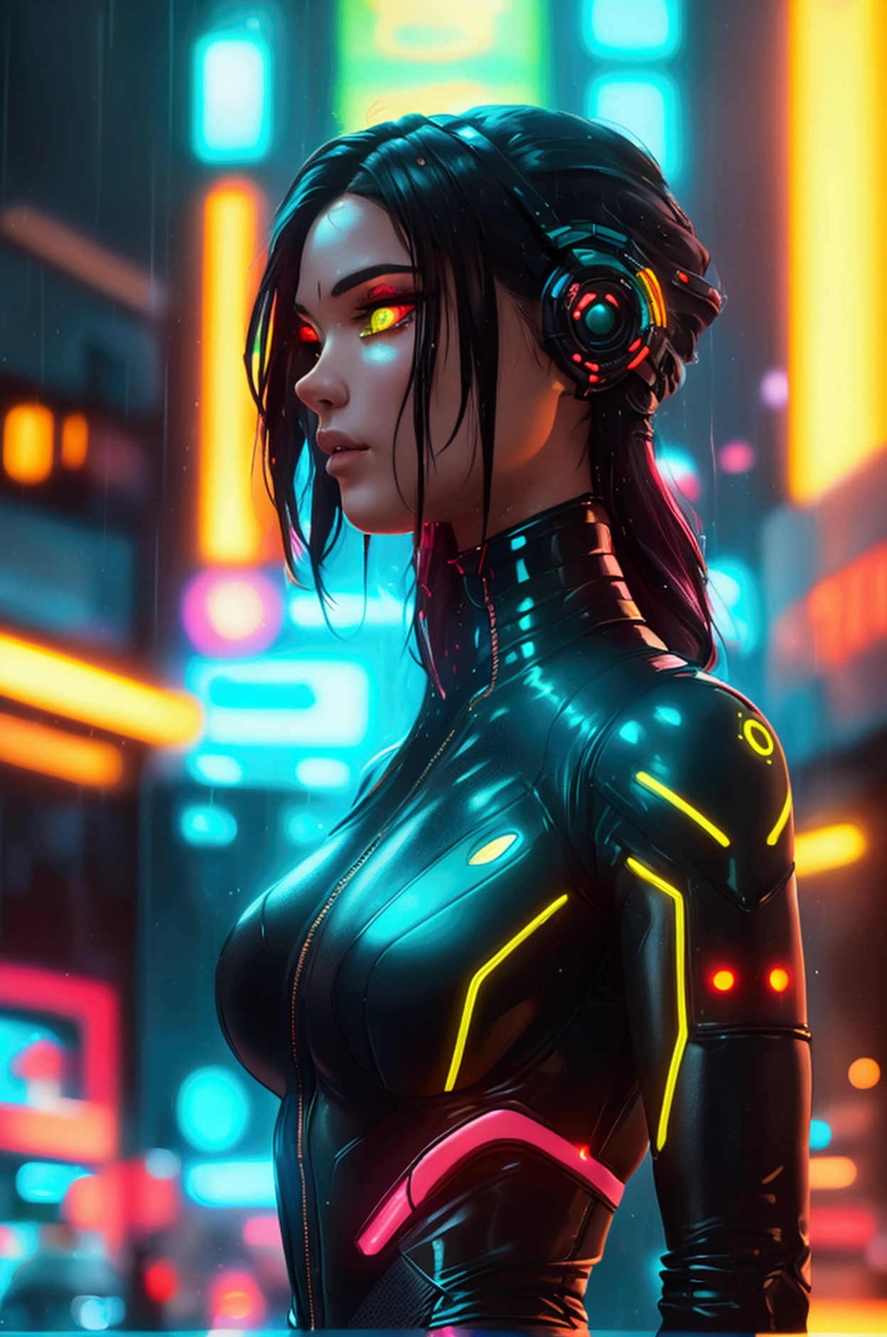 A full-body shot of a woman in a detailed cyberpunk bodysuit, glowing neon accents, standing confidently in a futuristic cityscape, with rain reflecting the bright lights.