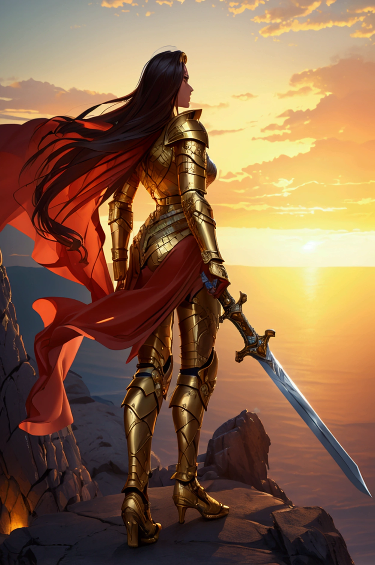 A hyperrealistic image of a warrior woman in golden armor, wielding a massive sword, standing on a rocky cliff with a sunset in the background.