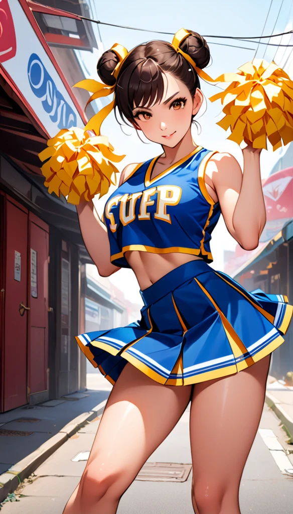 ((cheerleader, clothes writing, crop top, sleeveless shirt, midriff, miniskirt, pleated skirt, holding pom poms:1.2)),score_9, score_8_up, score_7_up, break, score_9, 1girl, Chun-Li,street fighter, black hair, brown eyes, short hair, breasts, looking at viewer, sexy pose, cowboy shot,eyelashes,アメリカンフットボールスタジアム