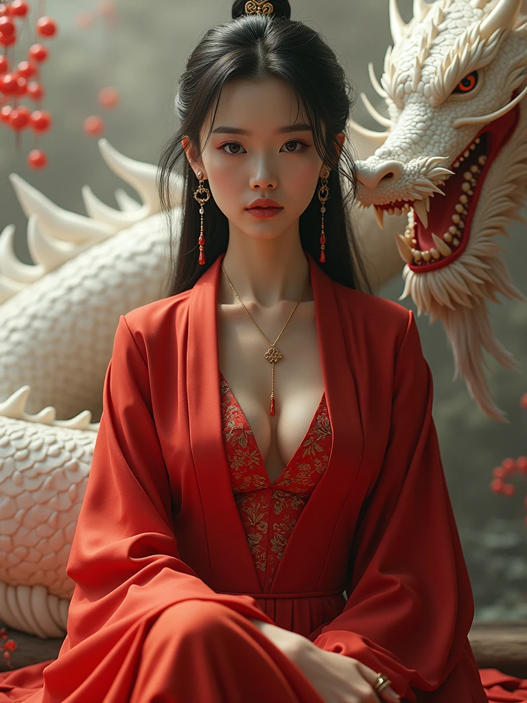 A close-up of a woman in a dress with a dragon, a photo inspired by Pu Hua, tumblr, Baroque, fire dress, intriguing suit, chinese dress, sexy dress, succubus in short tight dress, open dress, intricate dress, cheongsam, intricate fantasy dress, elegant and revealing dress, Open V chest clothing, dress made of fire, dragon girl
