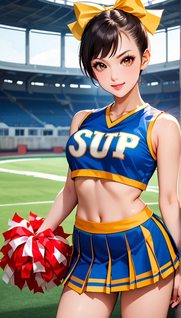 ((cheerleader, clothes writing, crop top, sleeveless shirt, midriff, miniskirt, pleated skirt, holding pom poms:1.2)),score_9, score_8_up, score_7_up, break, score_9, 1girl, Chun-Li,street fighter, black hair, brown eyes, short hair, breasts, looking at viewer, sexy pose, cowboy shot,eyelashes,(((Stadium:1.3)))、Bun Hair