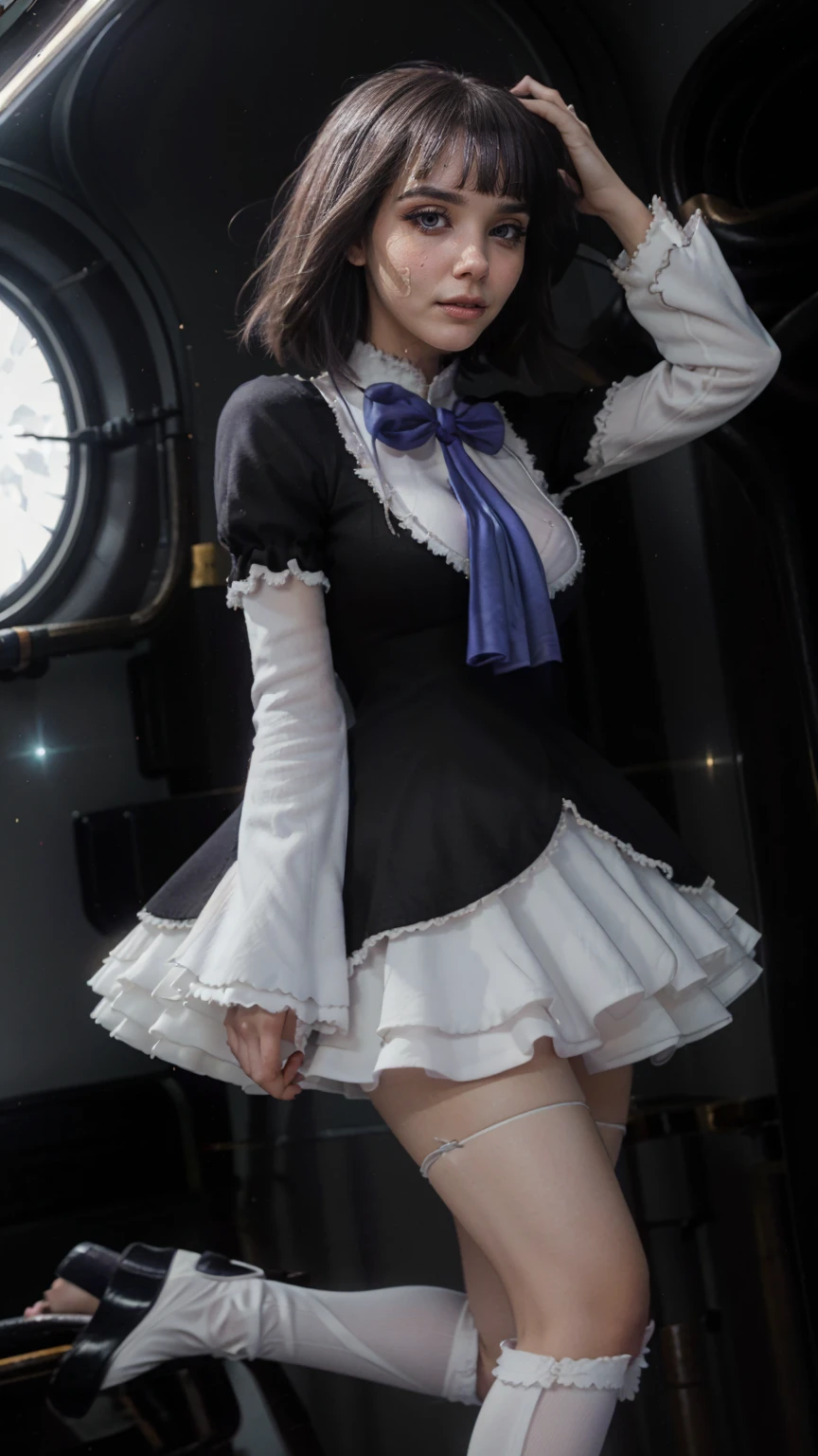 1girl, maid, dress, on knees, white hair, in bed
