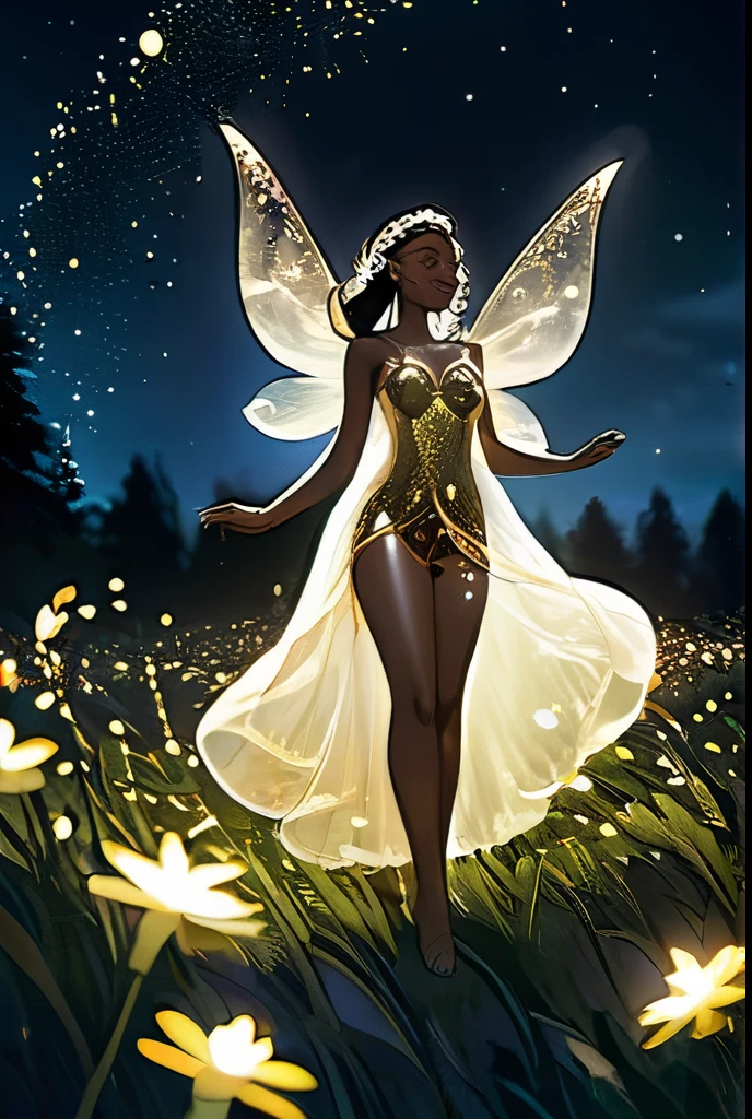 A regal sexy hot stunning attractive bare elf, adorned in intricate gold and silver jewelry, dancing gracefully in a moonlit meadow filled with fireflies and sparkling stars. Small breast, smile