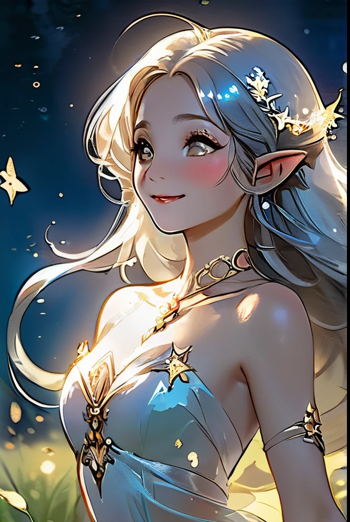 A regal sexy hot stunning attractive bare elf, adorned in intricate gold and silver jewelry, dancing gracefully in a moonlit meadow filled with fireflies and sparkling stars. Small breast, smile