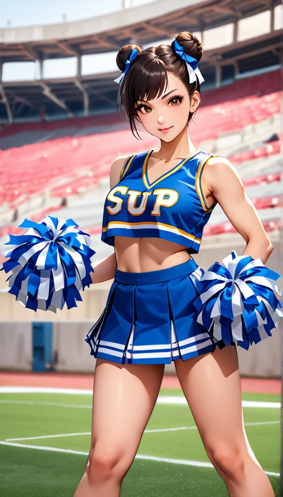 ((cheerleader, clothes writing, crop top, sleeveless shirt, midriff, miniskirt, pleated skirt, holding pom poms:1.2)),score_9, score_8_up, score_7_up, break, score_9, 1girl, Chun-Li,street fighter, black hair, brown eyes, short hair, breasts, looking at viewer, sexy pose, cowboy shot,eyelashes,(((Stadium:1.3)))、Bun Hair