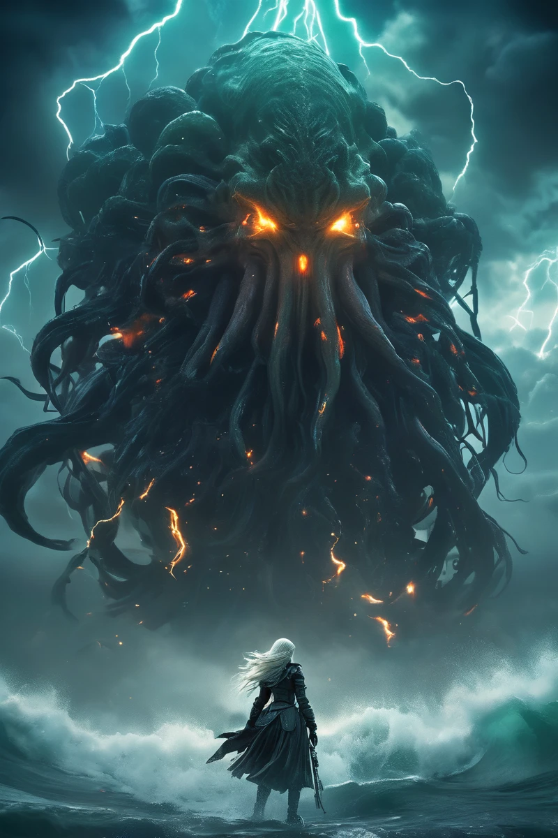 bosstyle, an extremely exaggerated composition. Seen from below, a girl with long white hair wearing a huge mecha faces a huge Cthulhu-style alien life in a Death Stranding style, with many tentacles extending out of the creature. , on a dark beach, volumetric fog behind the creature, strong contrast, Dutch hook, dramatic lighting, lightning overflowing from the clouds and fog, movie style, mysterious and unknown, add a little oil painting, thick atmosphere, Unreal Engine style, brother Special color, Cthulhu, sinister darkness, deadly, deep black, nightmarish masterpiece, many burning meteorites of different sizes falling from the sky, huge unknown creatures emerging from the sea