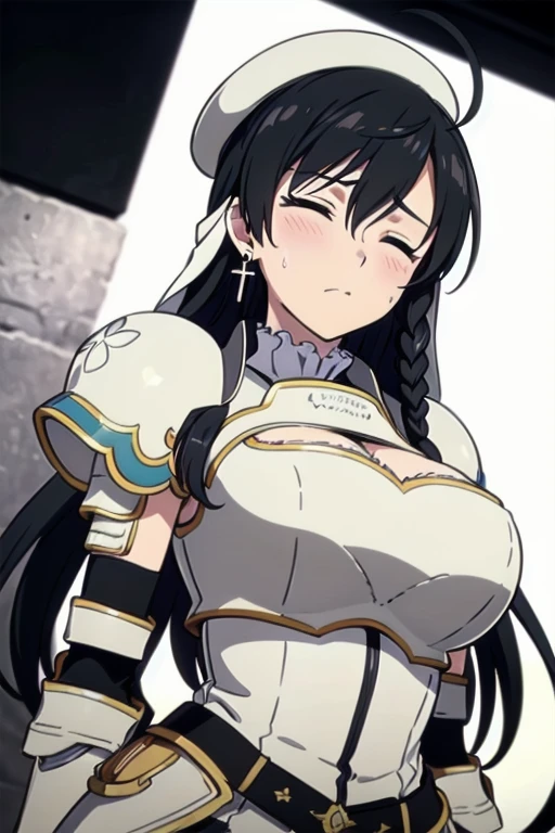 Sonia Blanche, closed eyes, long hair, (very dark brown hair), (black hair), cross earrings, hair ornament, veil, armored dress, pauldrons, breastplate, gauntlets, belt, skirt, greaves, black thigh-highs, steel boots, (white beret), 1girl, solo, upper body, (big breasts), facing viewer, looking at viewer, (aroused facial expression), blush, sweat, (simple black background), dark, close-up, (view from below)