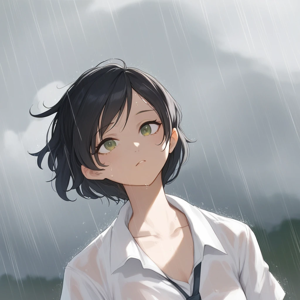 masterpiece，high resolution，Anime Art，Anime Numbers， 4k anime wallpaper，Radiant Skin，Looking at the camera，Solitary，An anime girl，Zero Zone Jane Du，blush，Black hair，Drop ears，White shirt，Open neckline，chest，Green eyes，Facing the audience，Upper body close-up，Rainy Day，Cloudy background