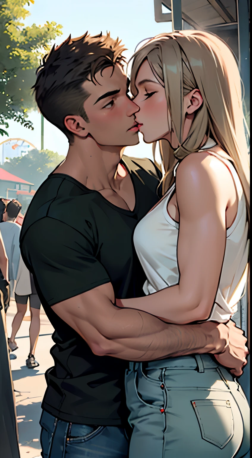2 people, beautiful woman, perfect body hugging him, sexy clothes, is, pants, visible thong,  man on a motorcycle driving and grabbing his butt, high quality Social realism, depth of field, cinematic lighting, image Fill, Wide-Angle, NIKON, 8k, super detail, textured skin, super detail, high quality, highres