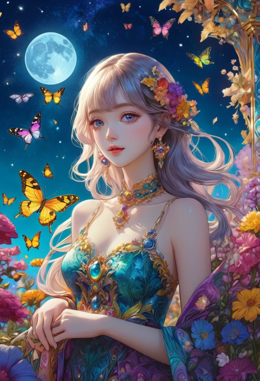 Tarot Cards, beautiful, a girl reading Tarot Cards,Smiling girl,beautiful細部,Detailed lips,Tarot Cards,Ancient Tarot Decks,illustrated Tarot Cards,Vibrant colors,Mysterious atmosphere,Magic Garden,flowerが咲く,moonlight,Night Sky,Soft Glow,Artistic Oil Painting,High-resolution images,(masterpiece:1.2),Very detailed,Realistic,Bokeh,masterpiece, Best Quality, Best Quality, Official Art, beautifully、aesthetic:1.2), (One girl), Very detailedな,(Fractal Art:1.3),colorful,Best details,Upper Body, [race],[jewelry],[flower],[[butterfly]],