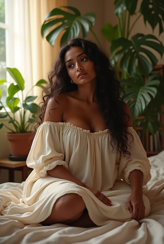 (photorealism:1.2), beautiful woman, sitting on bed, wearing loose off-shoulder top, pajama pants, long curly hair, indoors, soft lighting, plants in background, window with sunlight, cozy room, relaxed pose, realistic, intricate details, warm colors, by Greg Rutkowski, by Alphonse Mucha