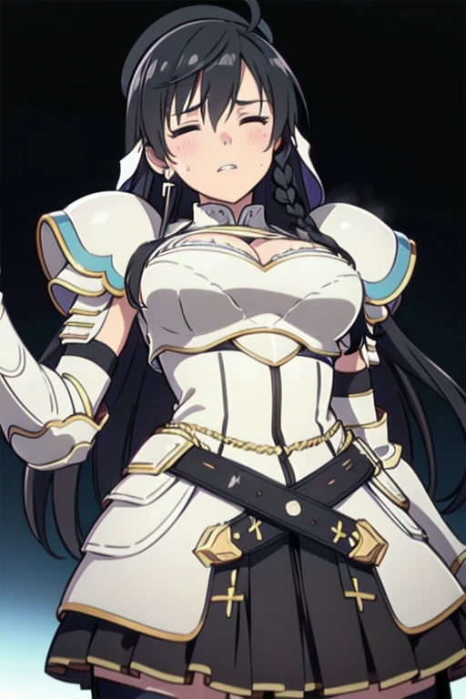 Sonia Blanche, closed eyes, long hair, (very dark brown hair), (black hair), cross earrings, hair ornament, veil, armored dress, pauldrons, breastplate, gauntlets, belt, skirt, greaves, black thigh-highs, steel boots, (white beret), 1girl, solo, upper body, (big breasts), facing viewer, looking at viewer, (aroused facial expression), parted lips, blush, sweat, (simple black background), dark, close-up, (view from below)