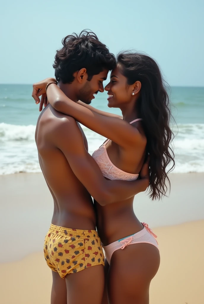 Create a realistic photograph of a smiling and beautiful indian actress in black leather bikini carrying a large stout man on her shoulders , in a exotic room, man is sitting on top of her shoulders , man on top, woman standing at bottom 