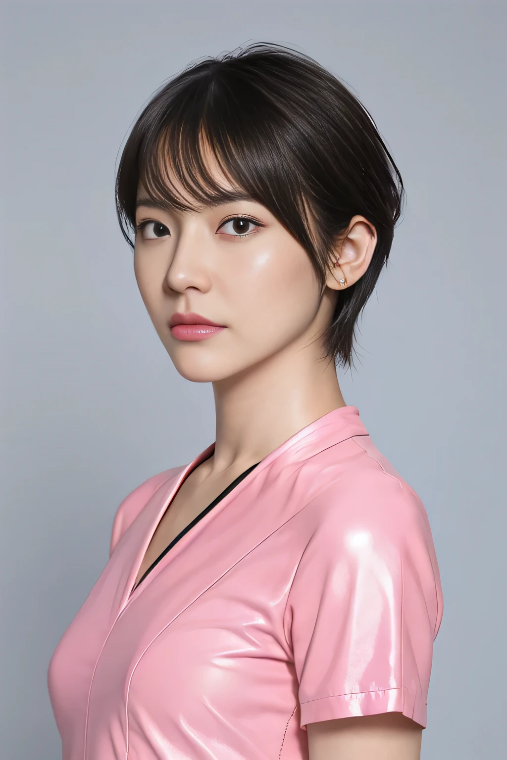 (((In 8K. HDR.hyper realism、master piece 1.2、wlop1、cinematic、Detailed content、Live photo 1.2, Highest quality 1.2、 Super detailed、very detailed、perfect shading、Low angle full body shot 1.2、1 photo、Commercial photo 1.2、50mm 、film grain、)))、(((5real fingers))) 、(japanese woman、20Year)、(Pink leather gloves、pink tight latex suit、Pink latex suit that shows off your body line beautifully、pink enamel latex suit、pantyhose wet with sweat、high heels)、(Unpleasant odor、sweaty body、Sweat splatters on the screen、The room becomes foggy with sweat、sweaty face、sweaty body、drenched in sweat、skin shining with sweat)、(focus on character、blur the background), (simple background、Blue-gray background)、 (shade lighting、Angle from the front、Take a full body photo)、(muscular body、small breasts、small breasts、white skin、realistic skin、skin with downy hair、small breasts、silver hair、bob hair、medium hair、tie your hair back、bangs、おでこが隠れるbangs)