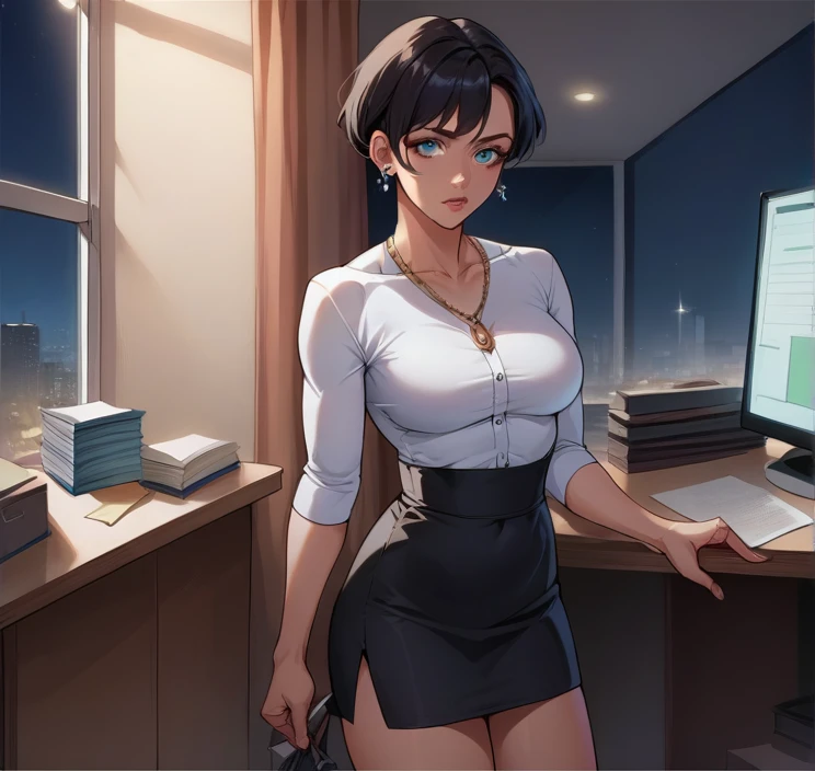 score_9, score_8_up,score_7_up, source_anime, 1girl, solo,Anissa, blue eyes, black hair,, necklace, ear piercing,bottonup shirt,high-waist skirt,pantyhoes,heels,office, at a dark room, at night , city view from the window,