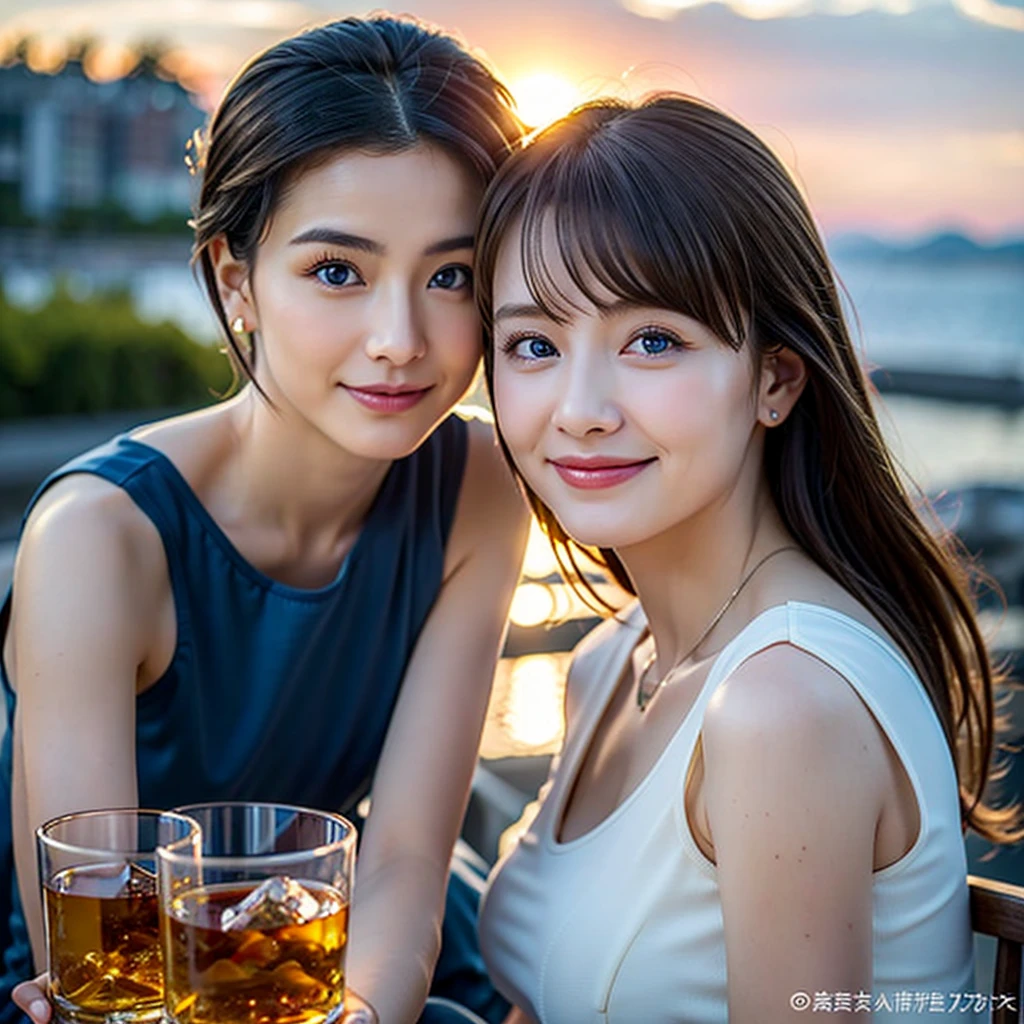 ((Highest quality、、masterpiece:1.3))、1 male、1 female,36 years old 39 years old、Put the light on my face、Slim Beauty、Beautiful couple、Upper Body、smile、 (Slim face), (the body is スリム), (Brown Hair), (Shortcuts), テーブルのフルコースディナーとwine glass、Amazing view of the sunset sky and clouds、smileの美しさ、Wine bottle、sparkling wine、Long sleeve shirt、dress、White wine, red wine, wine glass, Beautiful fine grain, Depth f/2,saturation, High Contrast, Strong light and shadow,Moist Body:1.5、 texture、The hair is very shiny、