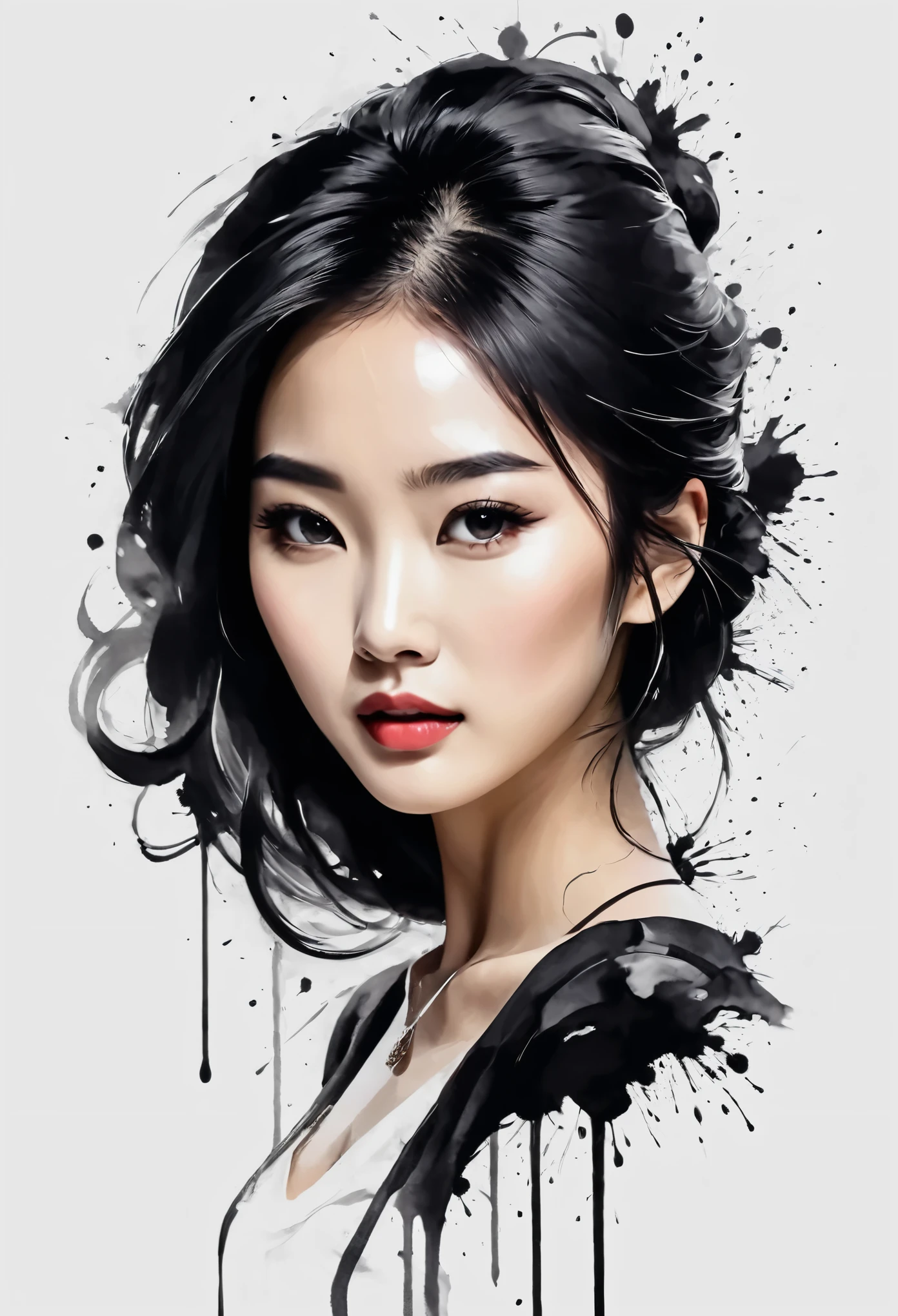 A beautiful young Asian woman ink exaggerated expression figure ink stain line outline ink stain ink stains, elegant, artwork with paint splashes around, and ink dripping at the bottom of the image, innovative, elegant