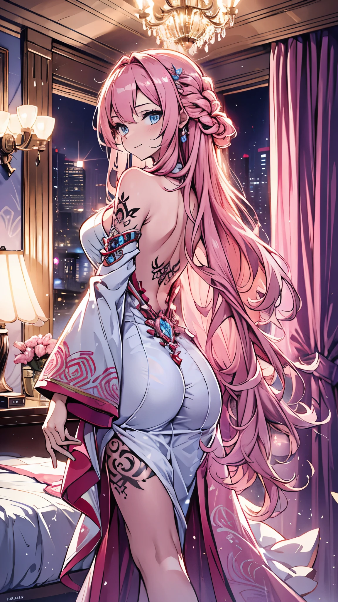 ((((solo)))), 2girls, Elf, young, pointy ears, beautiful, pale skin, ((((((pink hair))))), red eyes, ((long hair))), elegant, (((((light pink lingerie))))), straight bangs, garter belt, tights, thights, wide hips, big breasts, sexy, fancy medieval bedroom, fantasy, happy smile, cheerful, bed, ((((((night))))), lamp, orange light, dark, elegant room, silver metal bracelets, from behind, big butt, big ass, ((((thong)))), flirty