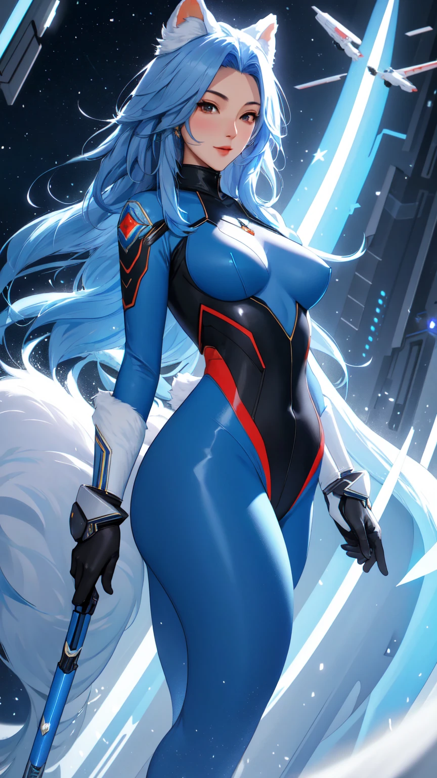 8k, 4k, Detailed, High quality, furry, female, mature female, by canyne khai, by t.y.stars, (by null-ghost:0.8), (by Pino Daeni:0.8), arctic protogen, fluffy tail, sexy body, futuristic assasin, sexy blue bodysuit,