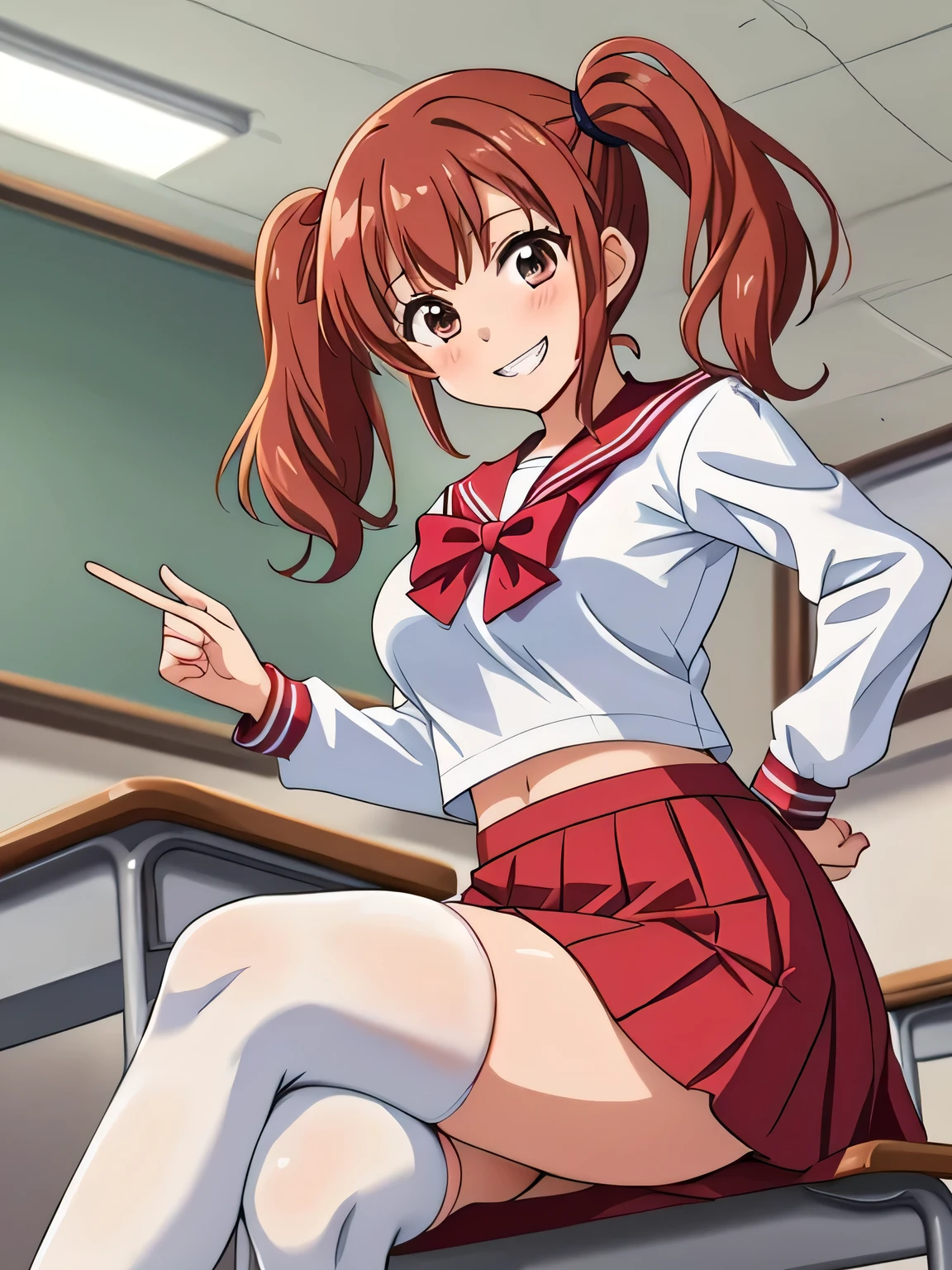 Red eyes, red hair,bangs,long hair,Single side ponytail, hair ornament, 
1 girl, 20yo,Young female,Beautiful long legs,Beautiful body,
Beautiful Nose,Beautiful character design, perfect eyes, perfect face,expressive eyes,perfect balance,
masterpiece, best quality, highly detailed, a anime girls in sailor uniforms with a gun posing for a picture,
evil smile, smile, open mouth,black_serafuku, ecchi anime style, anime girls , (nsfw) not safe for work,
ecchi style, ecchi, shipgirls, digital anime art!!, high school girls, in anime style, official artwork, beautiful
anime high school girl, anime style 4 k, micro skirt, exposed belly, exposed navel, exposed midriff,
exposed lower belly,school, classroom, 