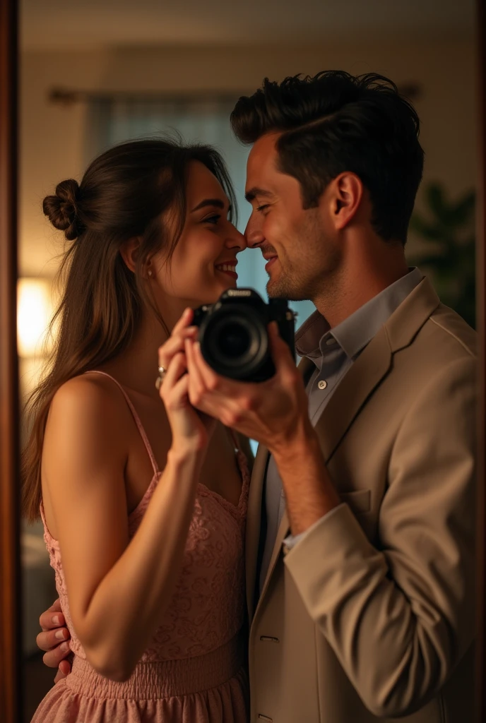Young man taking photos with his partner in front of the mirror
