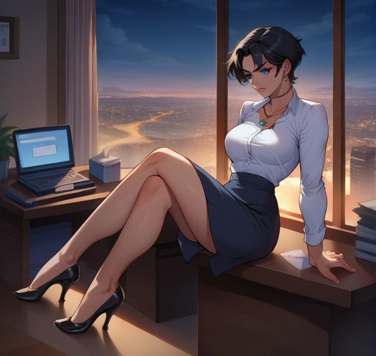 score_9, score_8_up,score_7_up, source_anime, 1girl, solo,Anissa, blue eyes, black hair,, necklace, ear piercing,bottonup shirt,high-waist skirt,pantyhoes,heels,office, at a dark room, at night , city view from the window,