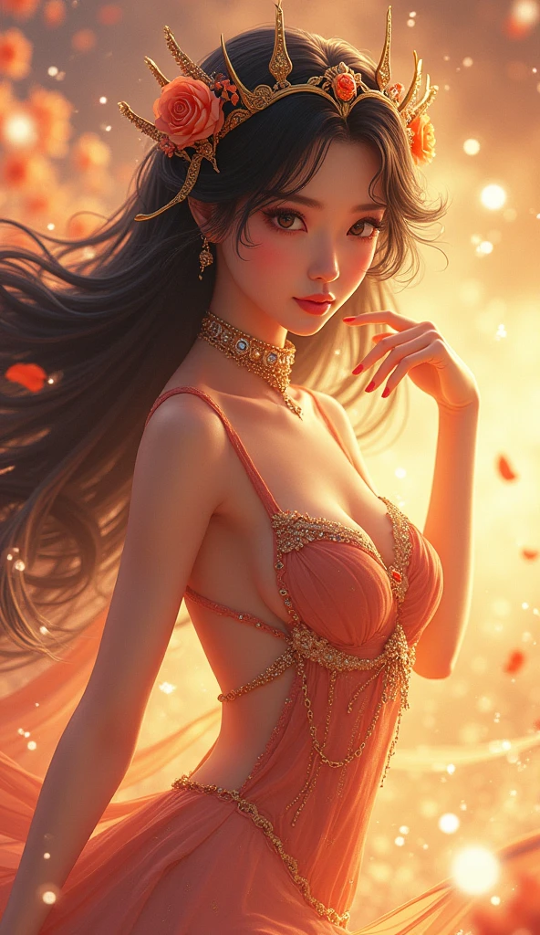 (Masterpiece, best quality: 1.2), a girl standing in a ring of fire, with glowing red eyes, phoenix, lotus flowers, red gold pink, sunrise from mountain at the background