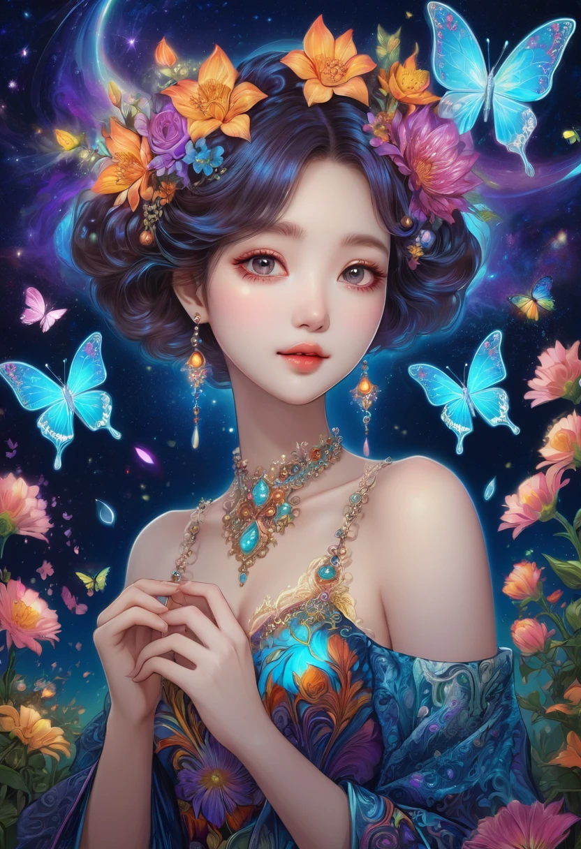 Tarot Cards, beautiful, a girl reading Tarot Cards,Smiling girl,beautiful細部,Detailed lips,Tarot Cards,Ancient Tarot Decks,illustrated Tarot Cards,Vibrant colors,Mysterious atmosphere,Magic Garden,flowerが咲く,moonlight,Night Sky,Soft Glow,Artistic Oil Painting,High-resolution images,(masterpiece:1.2),Very detailed,Realistic,Bokeh,masterpiece, Best Quality, Best Quality, Official Art, beautifully、aesthetic:1.2), (One girl), Very detailedな,(Fractal Art:1.3),colorful,Best details,Upper Body, [race],[jewelry],[flower],[[butterfly]],