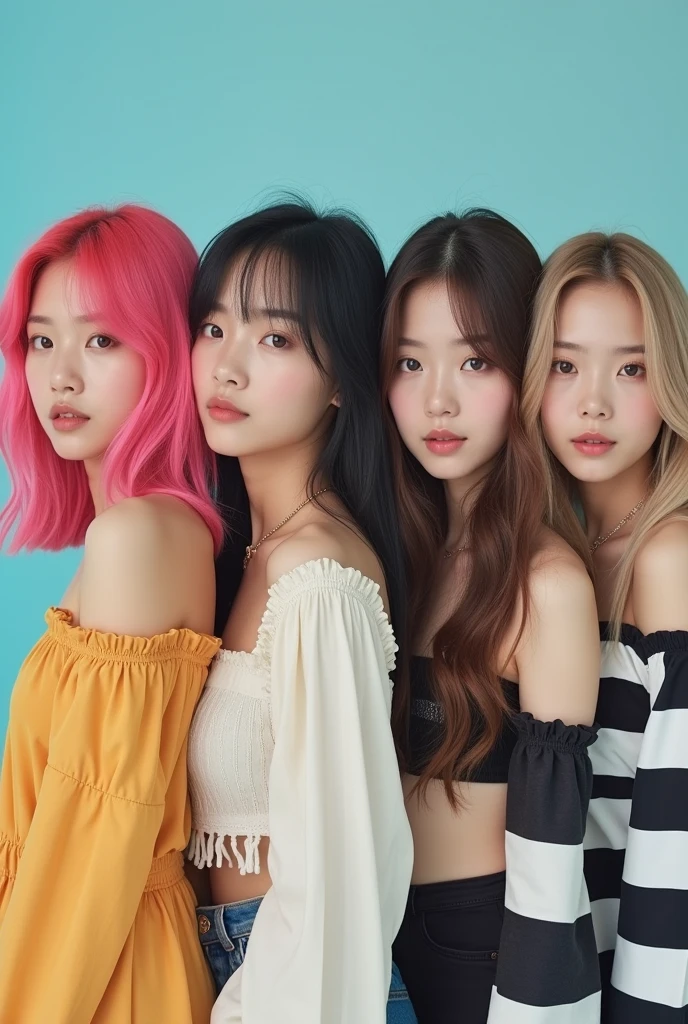 The debut jacket photos of a 4-member KPOP idol group debuting in 2030.Each person has a different hair color, Unusual hair color, And the rare outfits.Each person has a different face.The whole body is projected.
