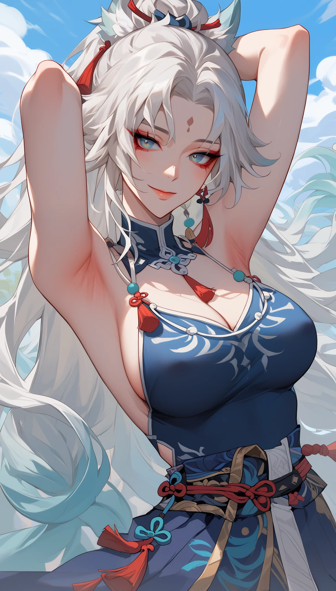 Anime girl with long white hair and blue dress posing, White hair deity, by Shitao, Attractive anime girl, White hair, perfect White hair girl, White hair lady, White hair, Onmyoji portrait, White fox,  Anime Goddess, armpit，(((Breast sagging, Gravity-dependent breasts, Long chest, Heavy Chest, ))), ((Disproportionate breasts, Huge breasts, Breast sagging, Lysis, Big Breasts, nipple,)),nude，