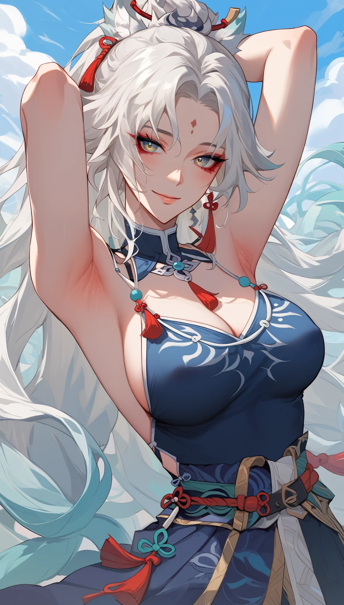 Anime girl with long white hair and blue dress posing, White hair deity, by Shitao, Attractive anime girl, White hair, perfect White hair girl, White hair lady, White hair, Onmyoji portrait, White fox,  Anime Goddess, armpit，(((Breast sagging, Gravity-dependent breasts, Long chest, Heavy Chest, ))), ((Disproportionate breasts, Huge breasts, Breast sagging, Lysis, Big Breasts, nipple,)),nude，