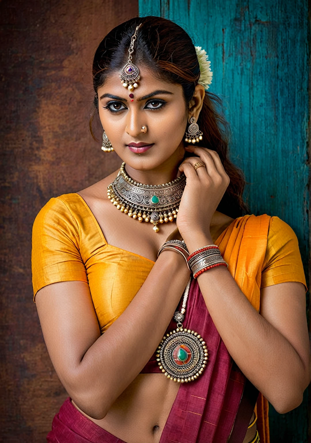 Looks like Nayanthara, aesthetic Portrait shoot for Indian ethnic jewellery brand, tribal theme photoshoot, jewellery inspired by The Lambani artisans from Karnataka create a multicoloured brass neckpiece with a metal band containing metallic ornaments. Inspired by traditional Lambani tribal jewelry, the jewelry features motifs and colors inspired by copper, white metal, and silver. The artisans create pendants and cotton beads using hand thread work, oxidizing or coating them for a final look. The jewelry is a raw and rustic aesthetic, showcasing the artisans' skill and dedication to their craft.