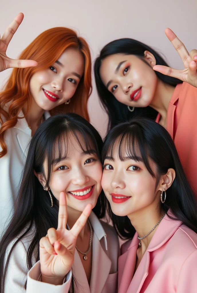 The debut jacket photos of a 4-member KPOP idol group debuting in 2030.Each person has a different hair color, (1 person with long, slightly red blonde hair and a European face and tall body) (black hair in a ponytail) (one person with short black hair shoulder length and bangs). (full body photo)they face the camera while posing very happily by making Peace hands