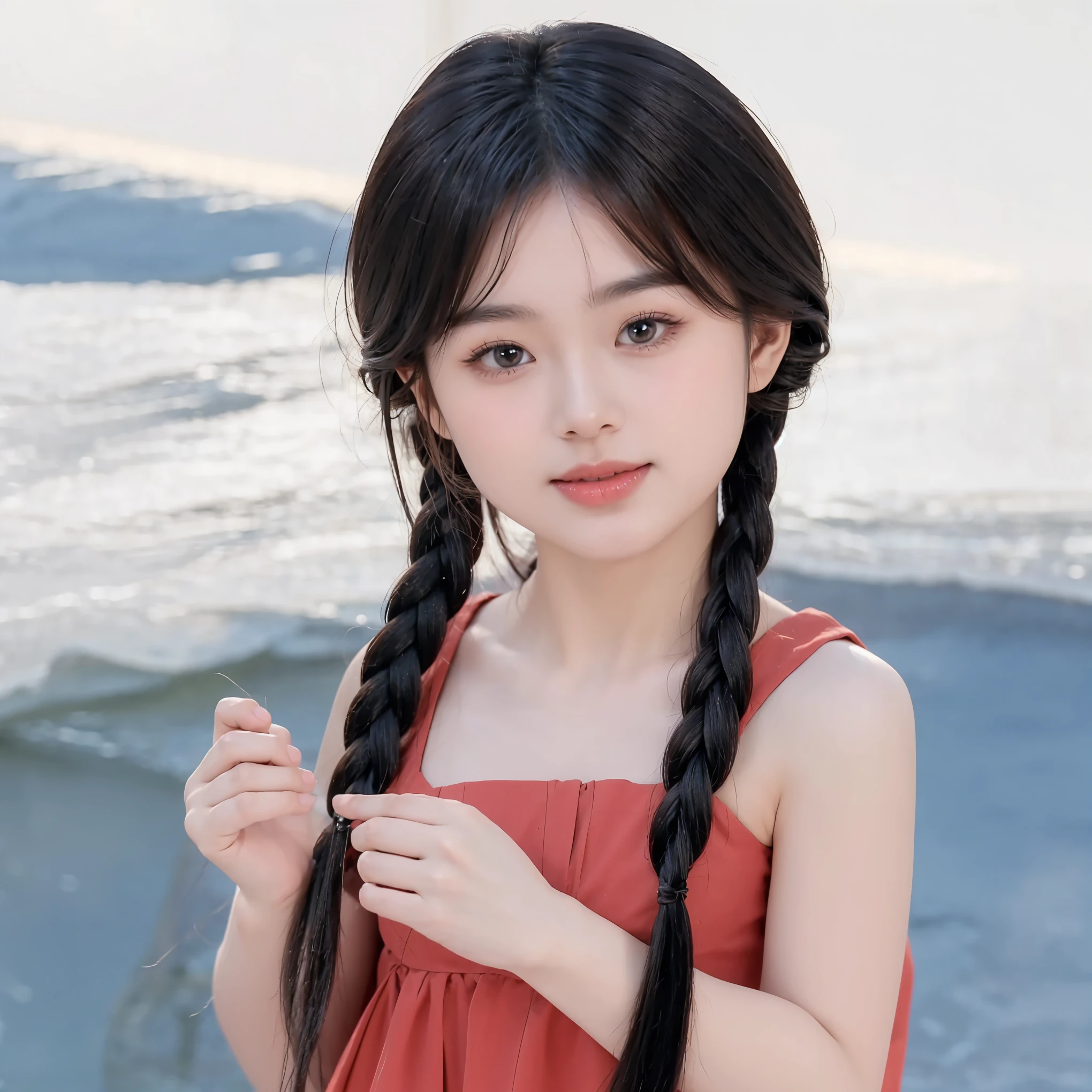 (Facial Focus), (1 Girl, Female, Woman, Solo, Pale Skin, Casual Fashion, Kawaii), (Long Hair, Single Braided Hair, Black Hair, Cute Face, Light Smile), (By the Sea), Milky Way, Sunset,