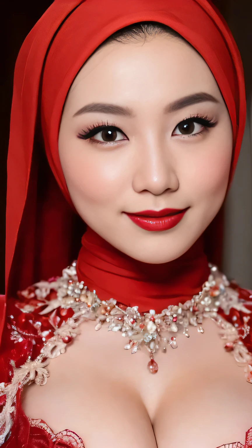 ((Realistic lighting, Best quality, 8K, Masterpiece: 1.3)), Clear focus: 1.2, 1 indonesian hijab girl, lolita , Perfect close up, beauty nude, naked, (Red hijab, medium saggy breasts: 1.3),  lace material, (indoor, night: 1.1), porn studio background, Super fine face, fine eyes, double eyelids, naughty smile, sexy seducing close up pose, Red Lipstick, Sensual Lipstick, Sensational Make up 