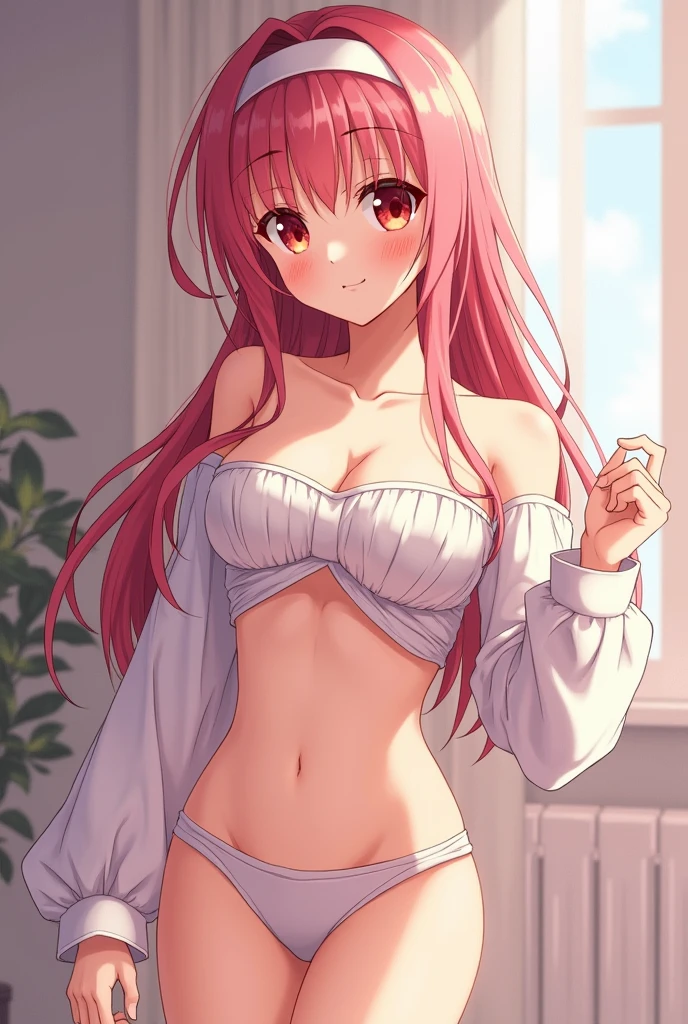 1 fille, Yeux Roses, ribbon, rose hair, tetas grandes, ssmile, bathrobe