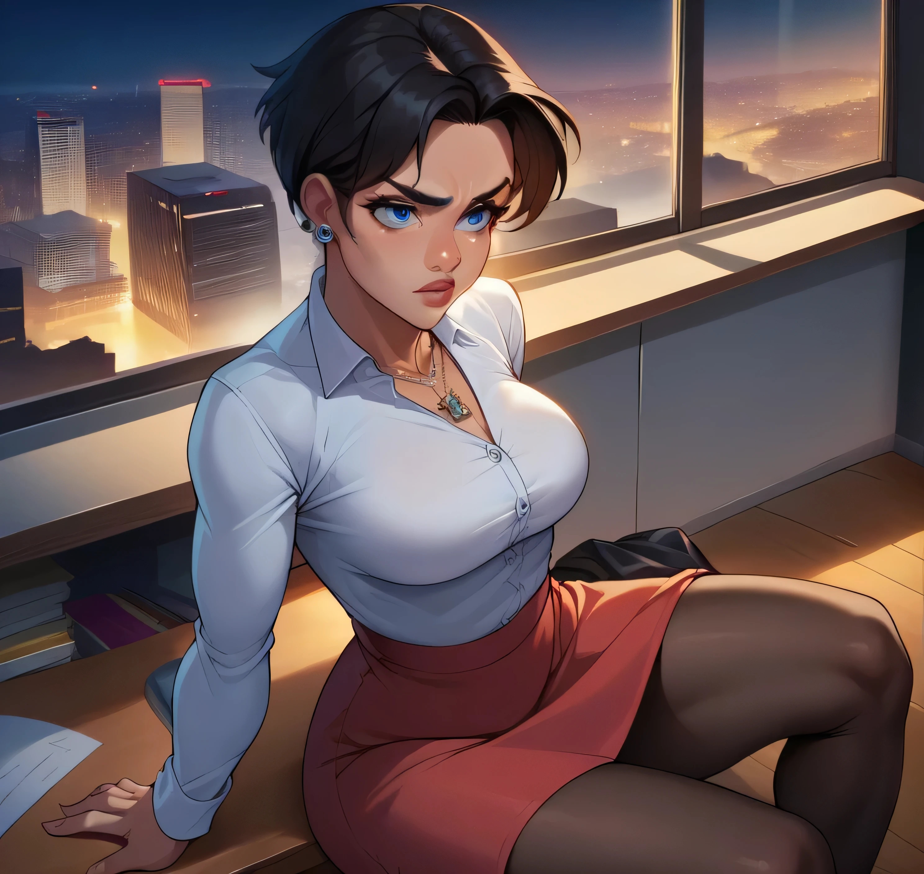 score_9, score_8_up,score_7_up, source_anime, 1girl, solo,Anissa, blue eyes, black hair,, necklace, ear piercing,bottonup shirt,high-waist skirt,pantyhoes,heels,office, at a dark room, at night , city view from the window,