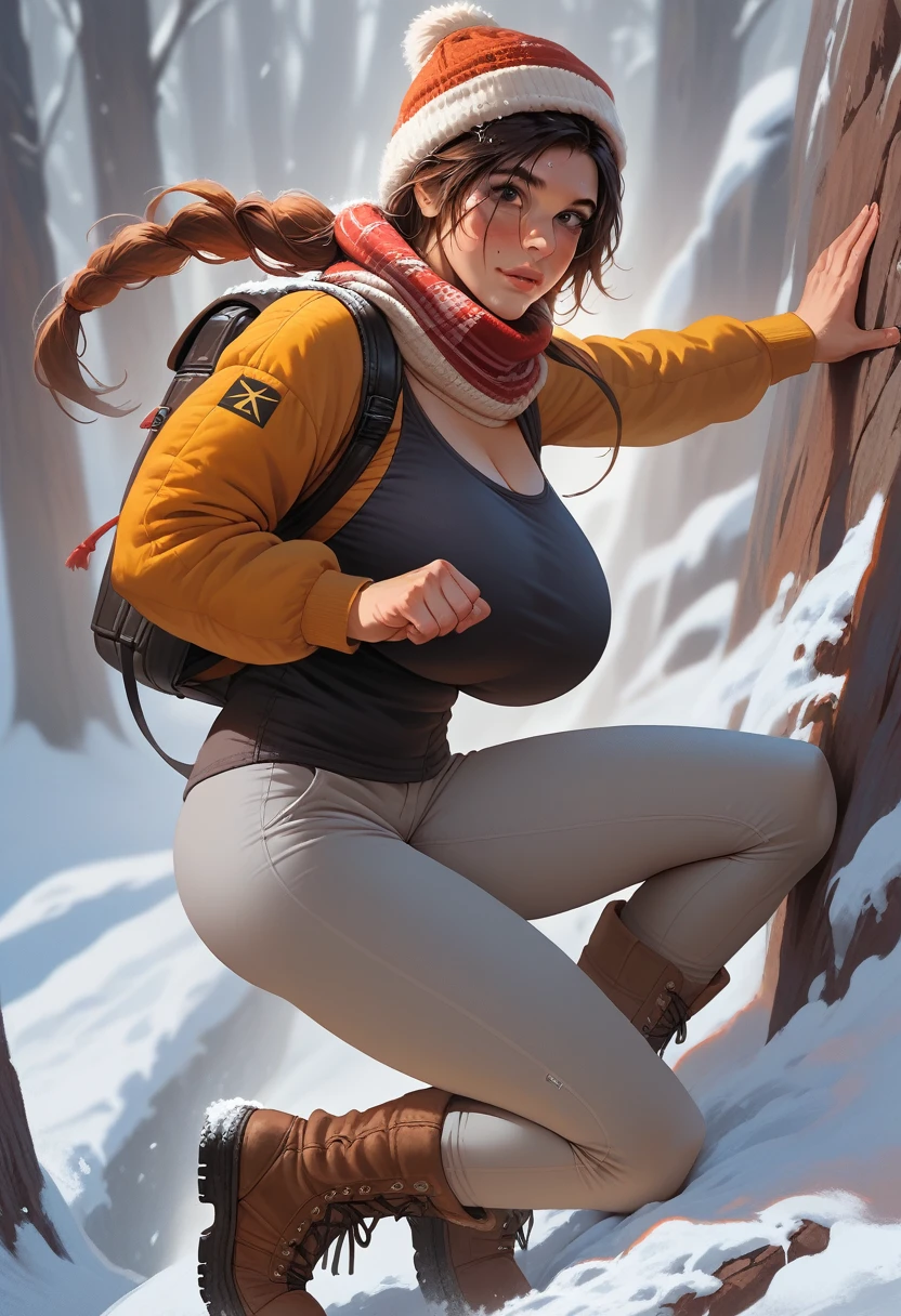 Lara Croft, hyper breast, detailing face, detailing body, straight long hair, brown hair, (detailing face, detailing body, source_realistic, best quality, masterpiece:1.2), very skinny and cute, climbing mountain, ,ultra-detailed, (high detailed skin:1.2), 8k uhd, dslr, soft lighting, high quality, winter, snow, winter closed, red winter jacket, warm gray pants, boots, winter hat, hiking backpack on the back, scarf, dynamic pose, epic