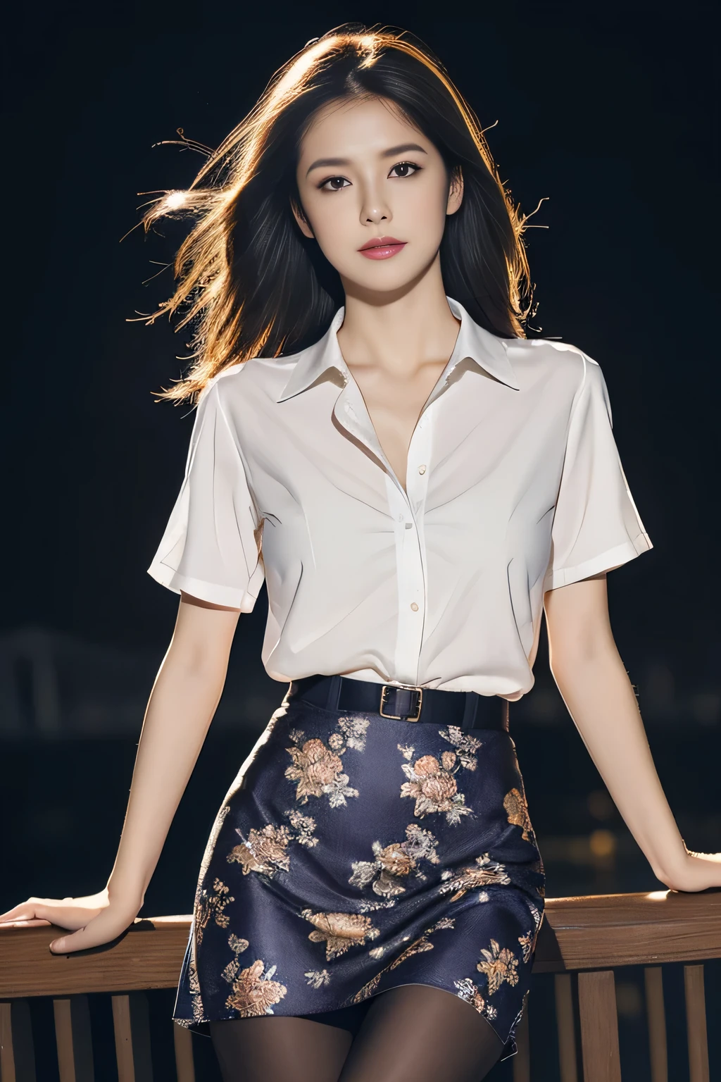 (Highest quality、Ultra-high resolution、masterpiece、8K)、(Delicate face、Detailed eyes and face、Watery eyes、double eyelid、Glossy lips), 1 girl 、(Above the knee shot)、Very beautiful woman、Slender、Slim Big、Sharp long legs、Alluring and sexy、(Random color collared shirt、Random color patterned skirt),(silk pantyhose),(High heels)、Cleavage、Perfect Anatomy、Anatomically correct、High-definition skin texture、night、Wind、Starry Sky、moon、Professional Lighting