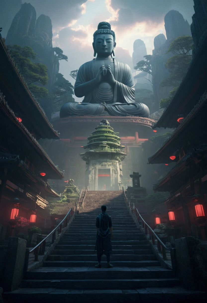 masterpiece, high quality,highres, a man in front of gigantic candi buddha building on mountain, statue of buddha, reflective floor, epic, fog, dawn, dramatic lighting, dim light, forest, cliff, advntr, <lora:epi_noiseoffset2:0.6> <lora:add_detail:0.4> <lora:ARWCandiBuddha:1>