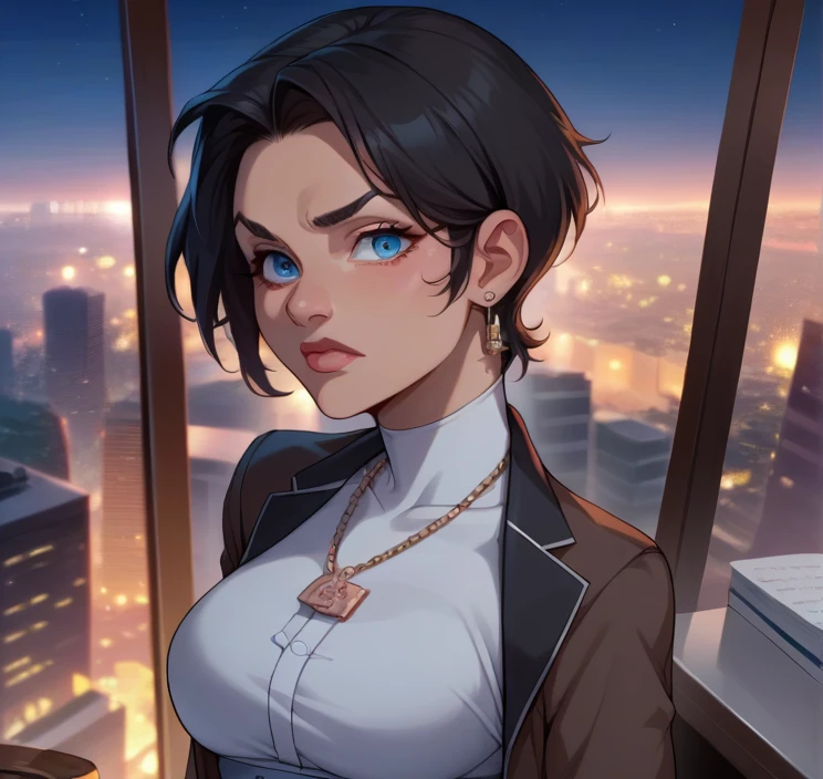 score_9, score_8_up,score_7_up, source_anime, 1girl, solo,Anissa, blue eyes, black hair,, necklace, ear piercing,bottonup shirt,high-waist skirt,pantyhoes,heels,,office, at night , city view from the window,