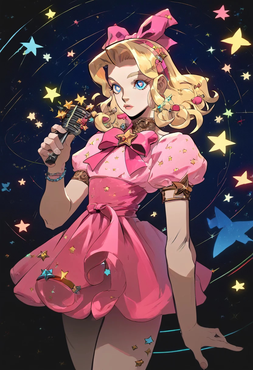 score_9, score_8_up, score_7_up, Cel-shaded art, hds style, 1girl, blonde hair, blue eyes, star shaped white pupils, pop star aesthetic, pink dress and skirt, embellished with tons of decorations and ribbons, holding a mic, stars swirling around her, warm shadows,
