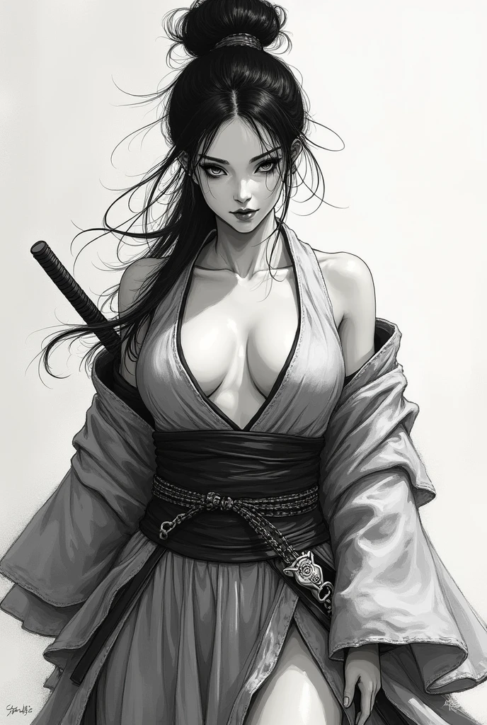 (cowboy shot),((girl)), samurai, warrior, proud, (traditional_media,illustration:1.5), (realistic:1.1), long flowing hair, flowers in hair, kimono, beautiful face, (one katana on hip), ((medium_breasts)), (oni|horns:1.2), (detailed_eyes), fighting_pose, (masterpiece, detailed, highres, cinematic, atmospheric:1.4), (hotify:0.75), good highlights, good shading, high quality, masterwork, good anatomy, good composition, good proportions, painterly, (watercolor floral background:1.1), monochrome:0.075, (mature adult:1.2)