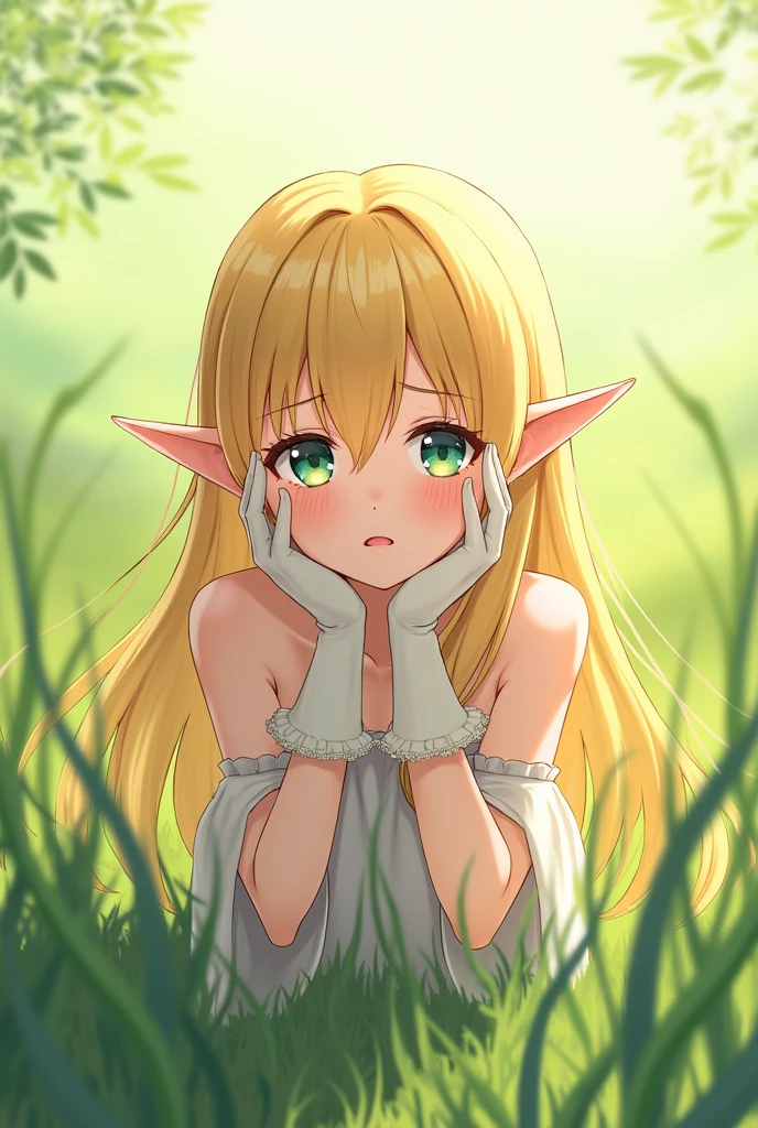 (1girl), ahoge, bare legs, (barefoot: 1.1), blunt bangs, blush, bottomless, covering own mouth, (elven clothes: 1.1), (elfgirl: 1.1), (grasslands: 1.1), pointy ears, (grinning), hand to own mouth, long hair, long sleeves, looking at viewer, naked shirt, no bra, no pants, off shoulder, open clothes, open shirt, bent over, (muscular), (big arms and big thighs), (thin waist: 1.1), belly button, (abs), very long flowing straight hair, (mature face: 1.2), (tall: 1.1), (below view: 1.2), (pov below view foreshortening: 1.3), (giantess looking down at a tiny woman: 1.1)