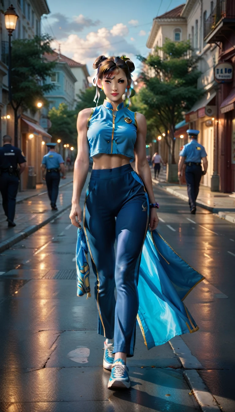 Ultra realistic,8K, Chun-Li,very young, fitness body, walking on the street, lonely street,Evening,officer,lamps