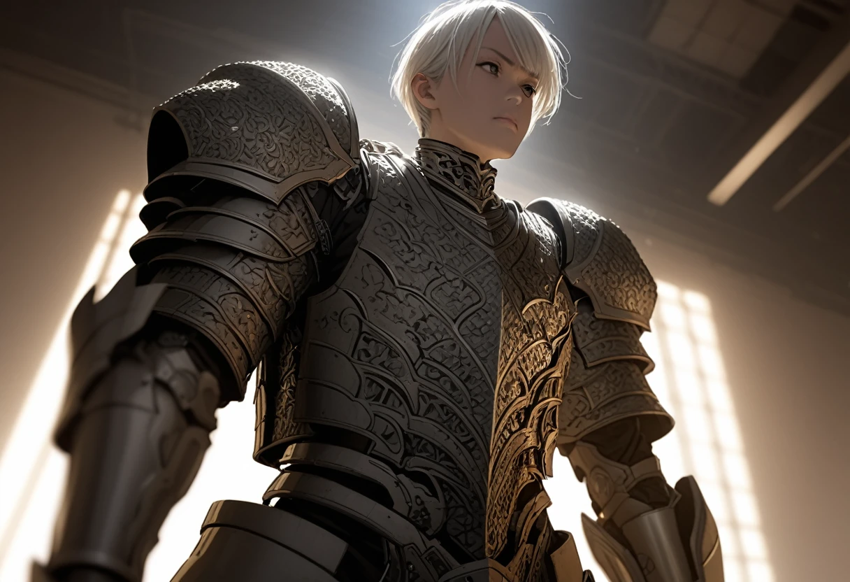 Short white hair with bangs, intricate metal and fabric armor, Form-fitting figure with detailed patterns and textures, armored gloves, standing posture, look forward, Soft and clear skin, indoor environment with industrial machinery and dim lighting, dominant light source from top left casting shadows, serious and intense atmosphere, Slightly low angle, Sharp depth of field with foreground in focus and background slightly blurred, well exposed image with dramatic highlights and shadows.